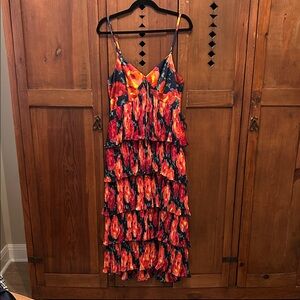 Cinq à Sept Vibrant Red and Orange Tiered Maxi Dress